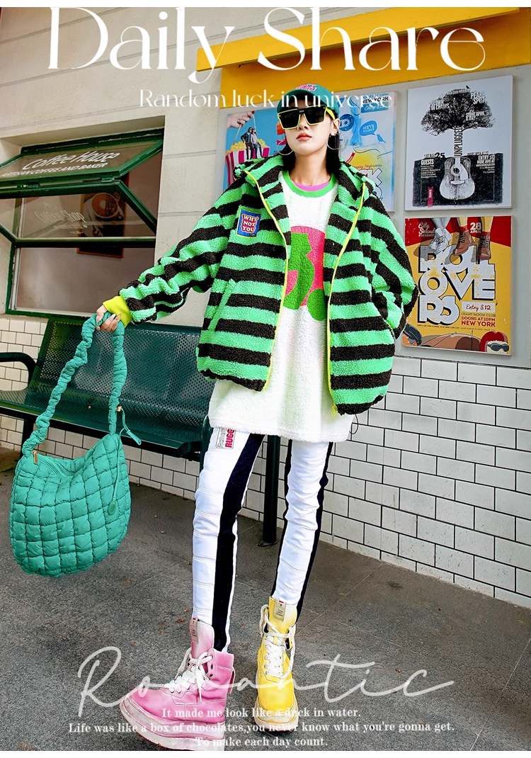 Striped Sherpa Fleece Colorblock Hoodie Jacket　X3408