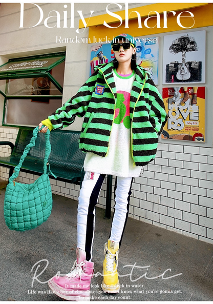 Striped Sherpa Fleece Colorblock Hoodie Jacket　X3408