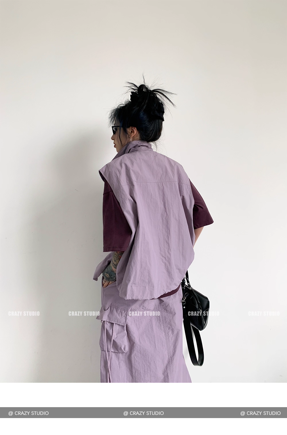 Vintage Purple Utility Vest & Drawstring Skirt Set　X3339