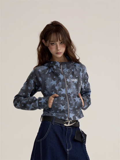 Vintage Retro Star Camo Zip-Up Hoodie Short Jacket　X3389