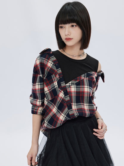 Fake two-piece check pattern shirt X2783