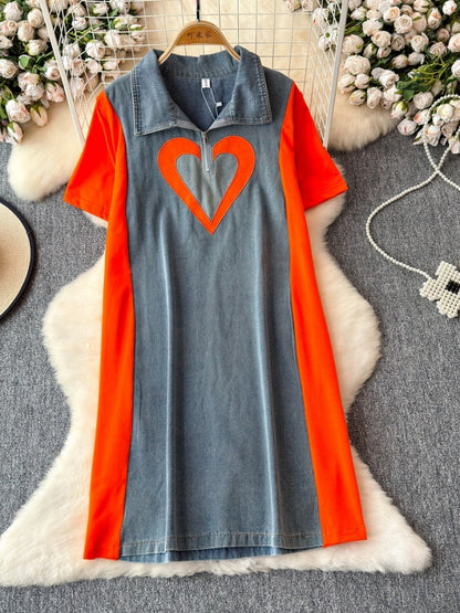 Bicolor Heart Denim Dress X2770