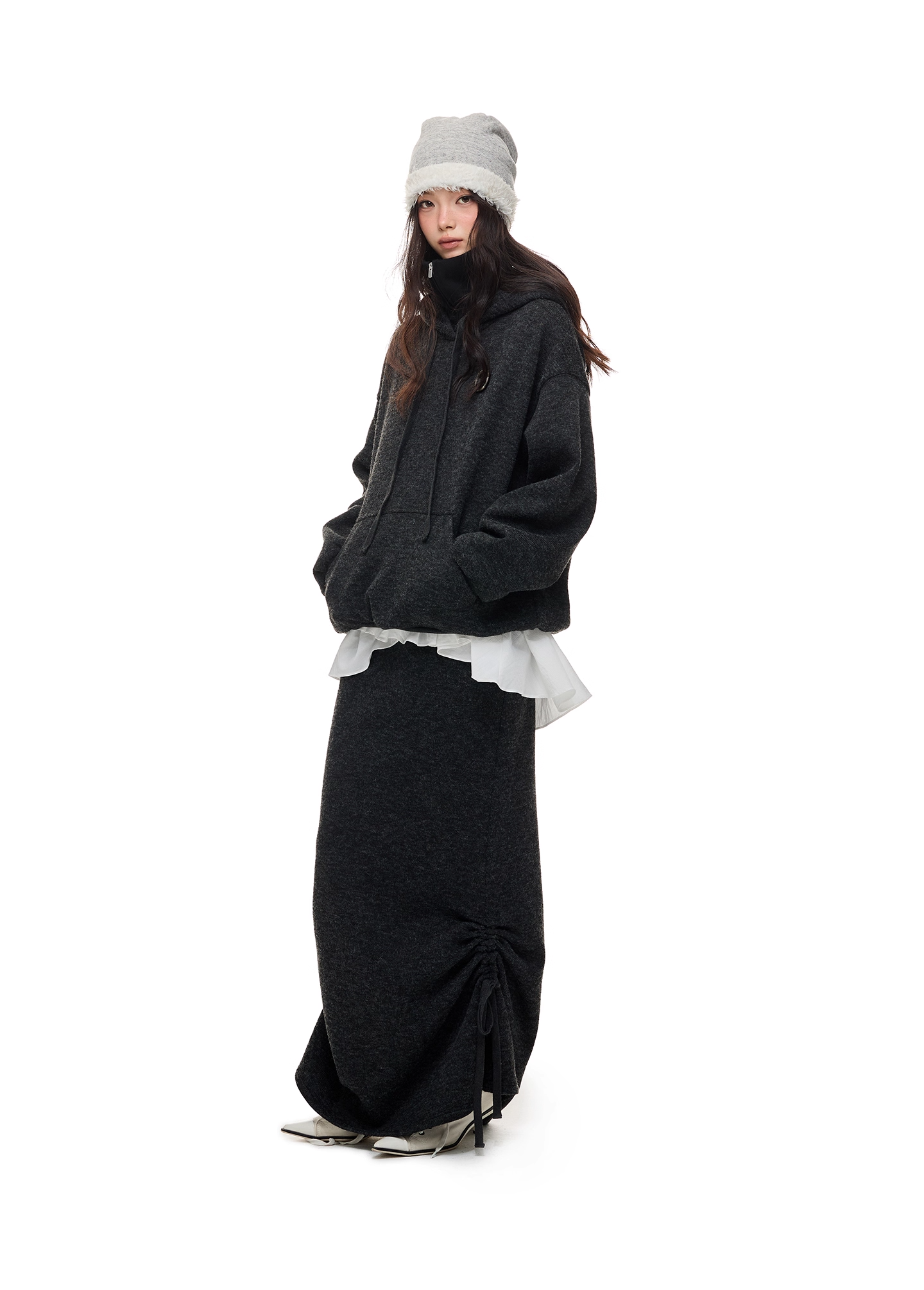 Layered-Look High-Neck Hoodie & Long Skirt 　X3484