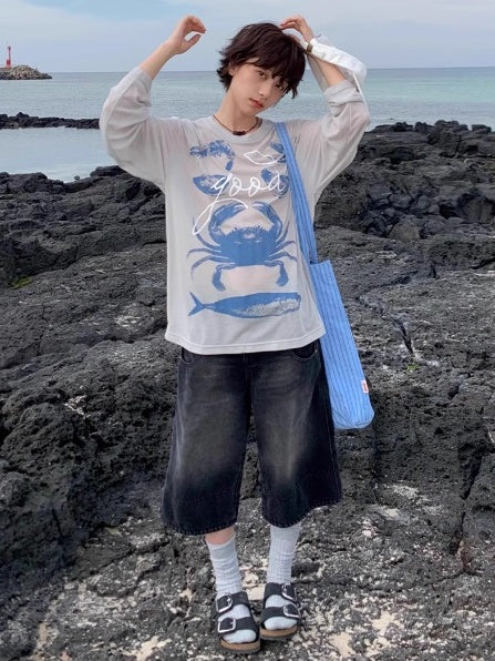 Seafood Print Long-Sleeved Tops X3178