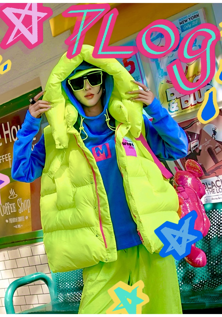 Neon Color Letter Patch Padded Vest　X3429