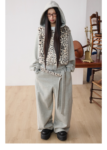 Leopard Faux-Fur Panel Hoodie & Pants　X3487