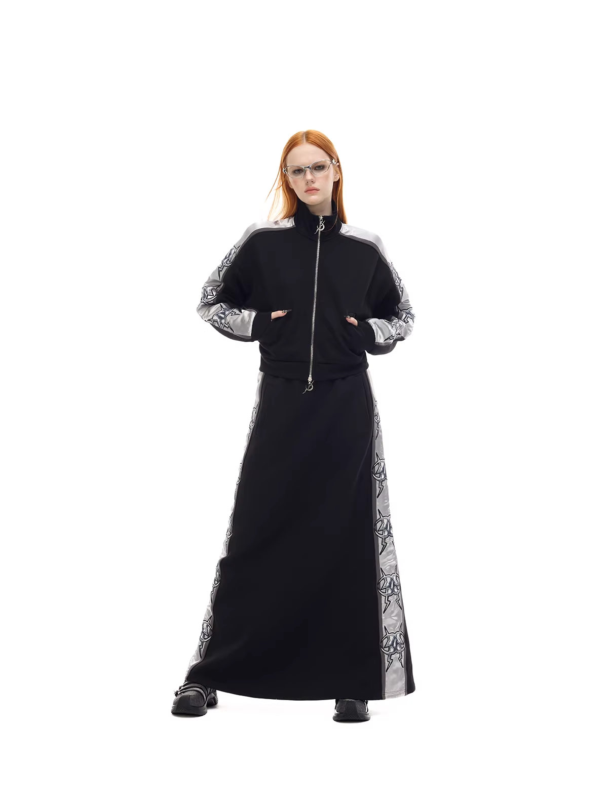 Mirror Graphic Side-Stripe A-Line Long Skirt　X3491