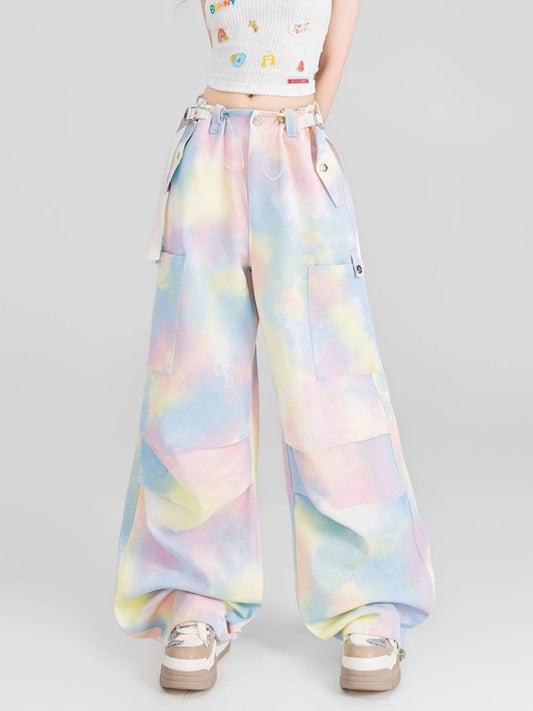 Rainbow tie-dye colorful wide-leg denim pants X2735