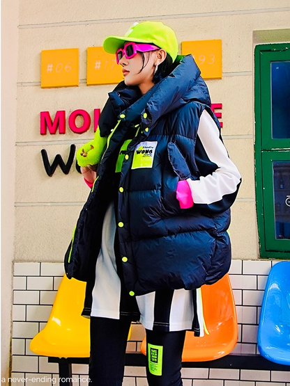 Neon Color Letter Patch Padded Vest　X3429