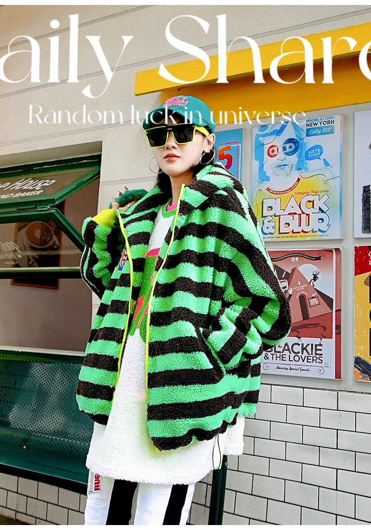 Striped Sherpa Fleece Colorblock Hoodie Jacket　X3408