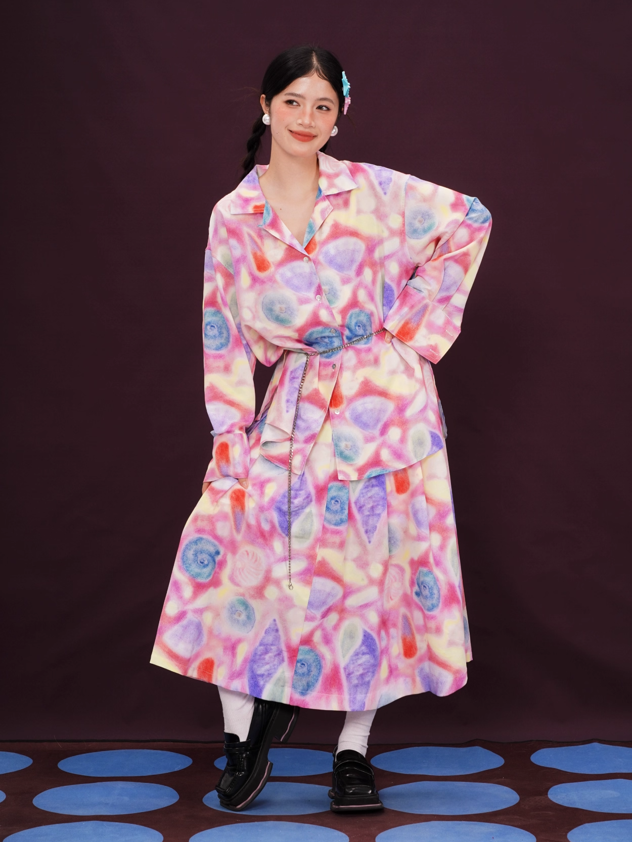 Colorful Seashell Print Long-Sleeve Shirt/Skirt X3392