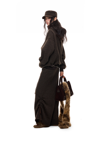 Layered-Look High-Neck Hoodie & Long Skirt 　X3484