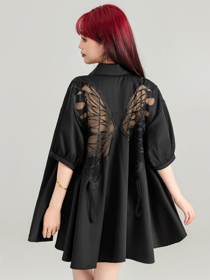 Butterfly motif open back puff sleeve shirt X2766