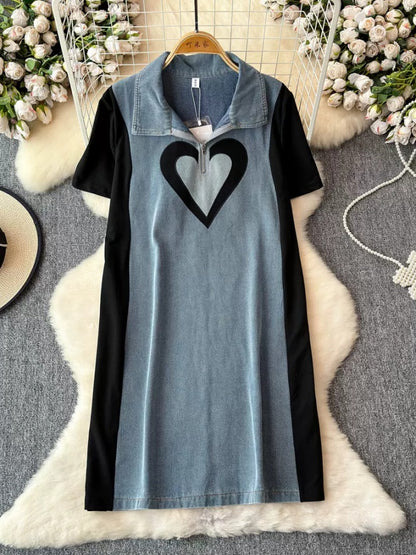 Bicolor Heart Denim Dress X2770