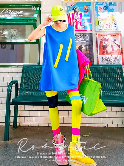 Blue Zip Colorblock Dress　X3413