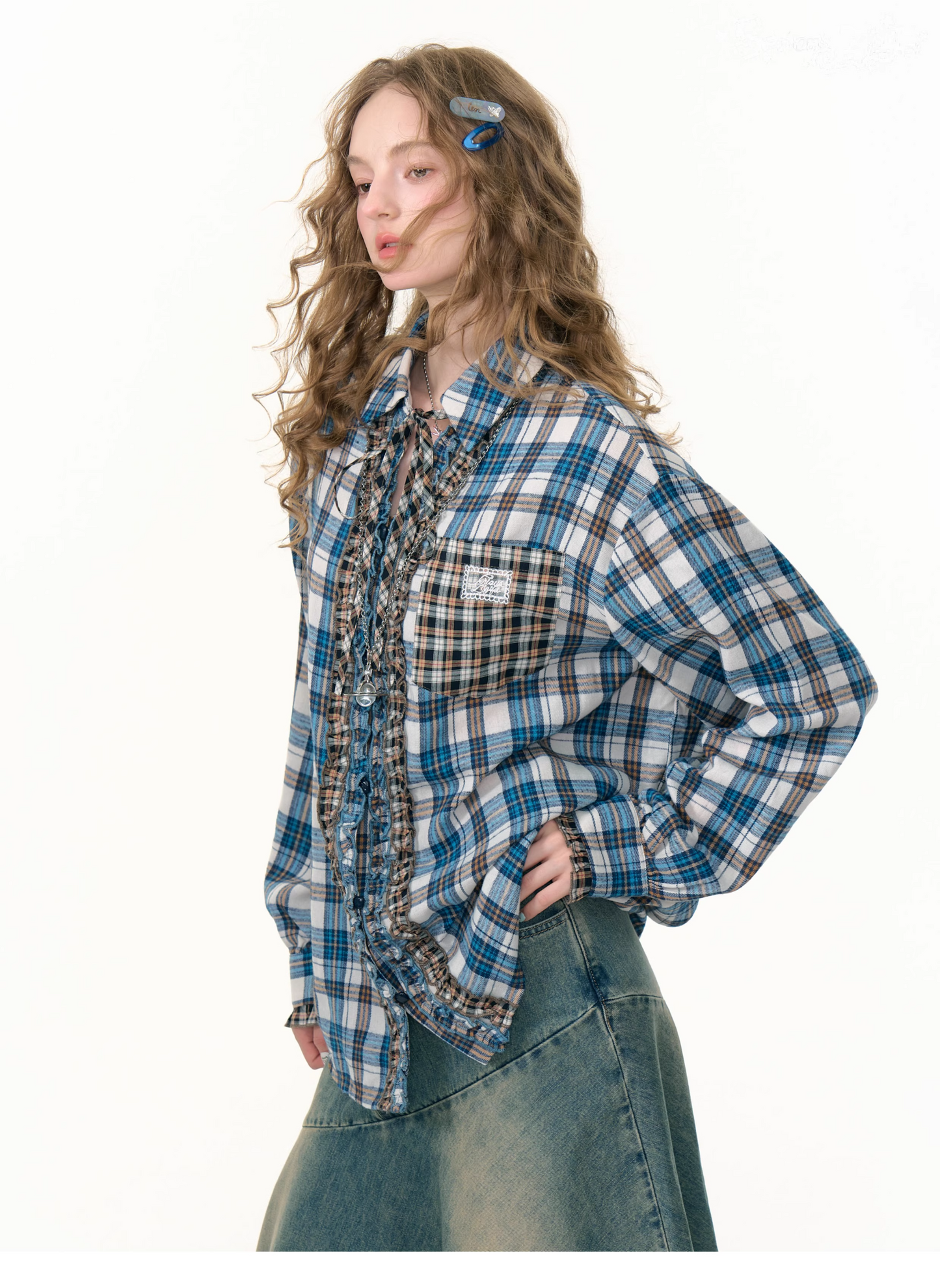 Vintage Check Frill Blouse　X3382