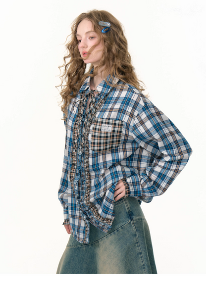 Vintage Check Frill Blouse　X3382
