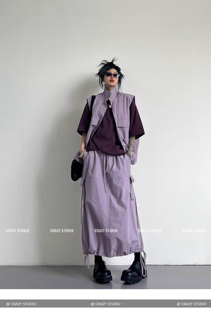 Vintage Purple Utility Vest & Drawstring Skirt Set　X3339