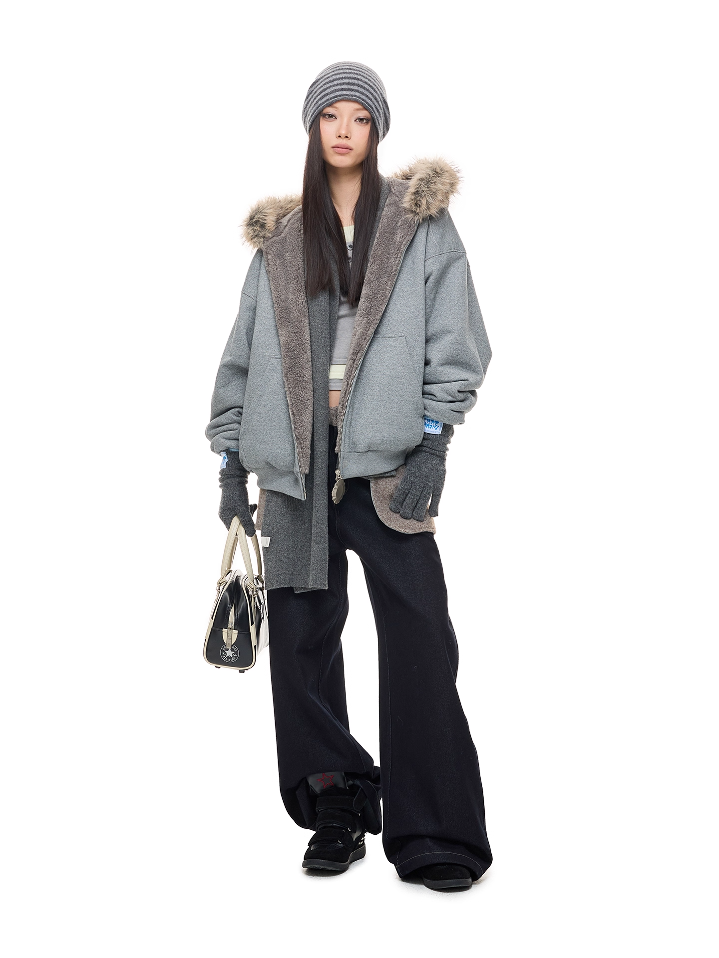 Warm Winter Retro Raw-Color Curved-Leg Denim Pants　X3486