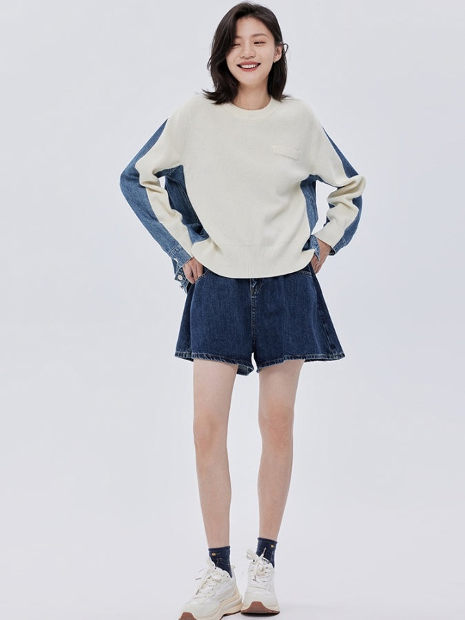 Bicolor denim knit sweater pullover X2782