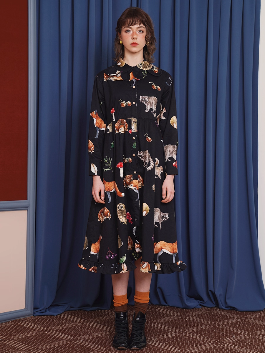 Vintage Animal Illustration Print Long Dress　X3348
