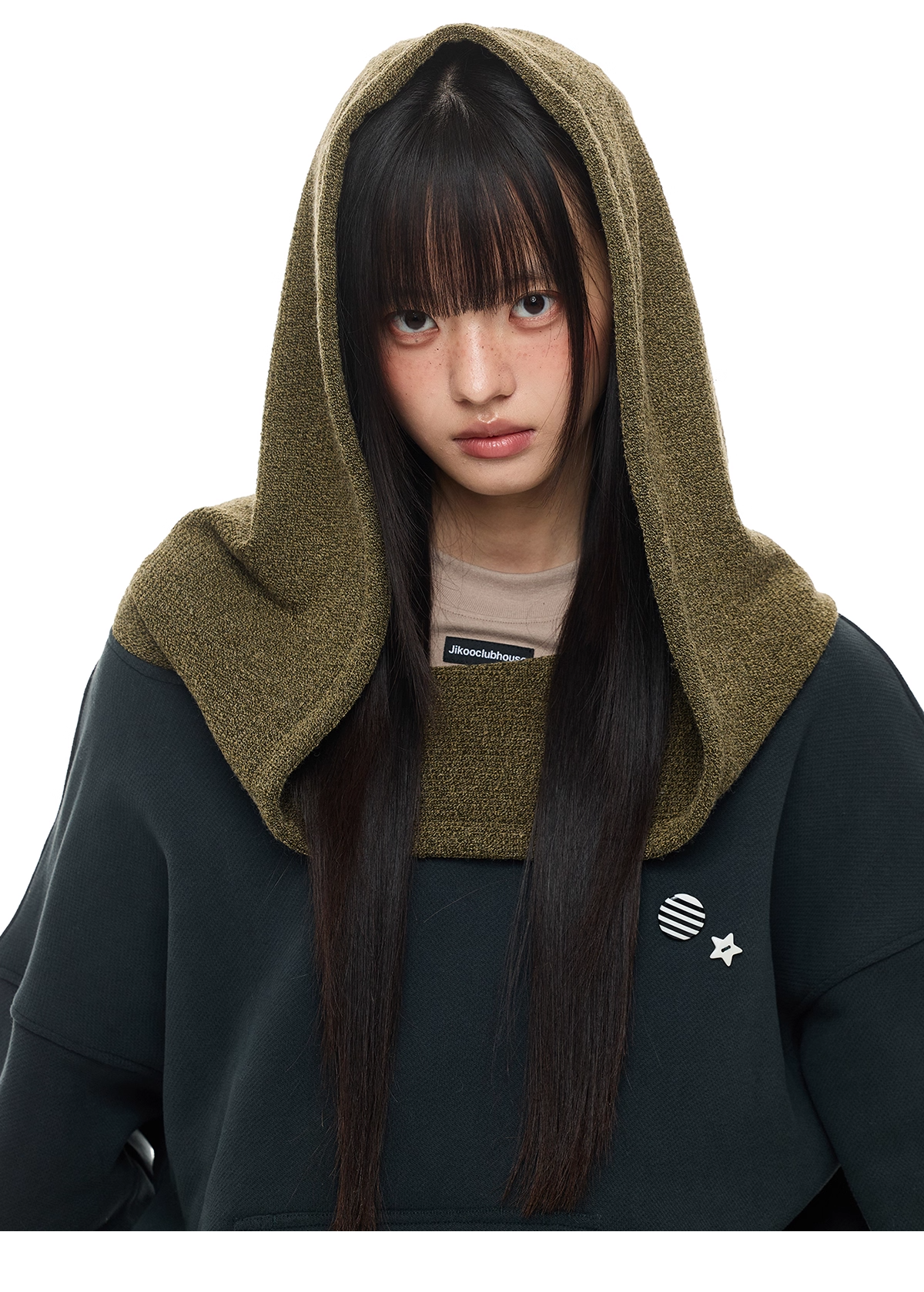 Layered-Look Off-Shoulder High-Neck Hoodie　X3485