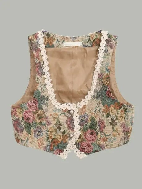 Lace point retro flower print vest X3125