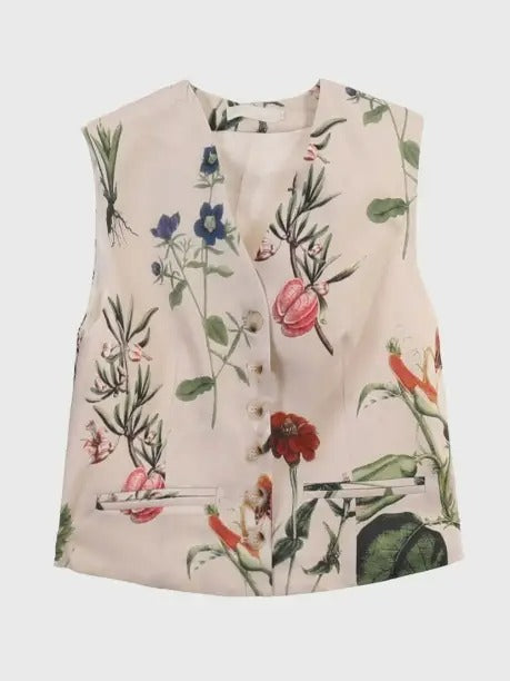 Botanical floral pattern v-neck vest X3042