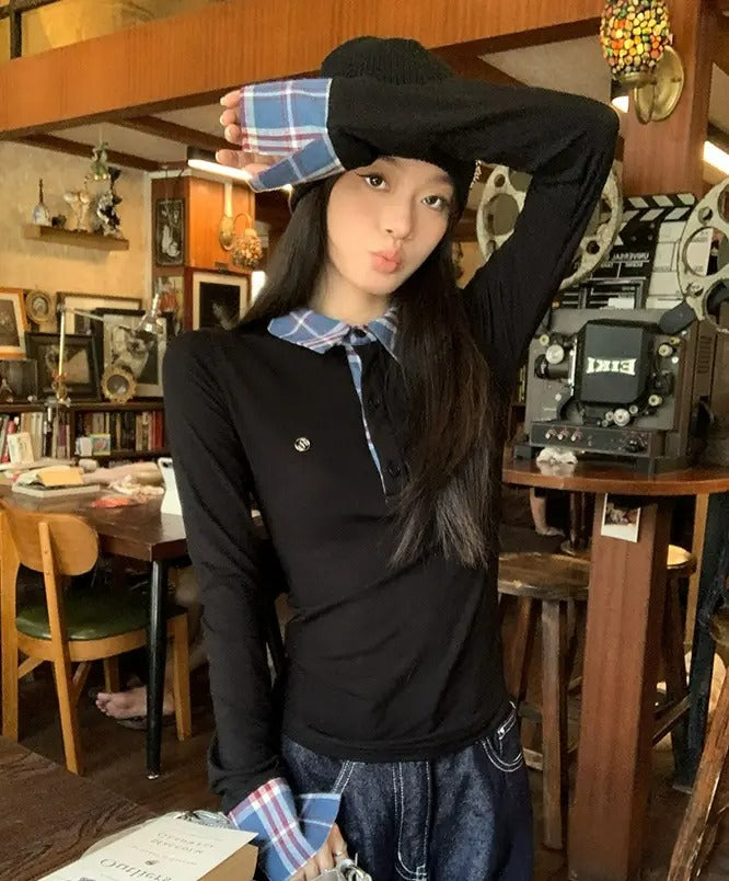 Polo collar plaid layered long sleeve T-shirt X3157