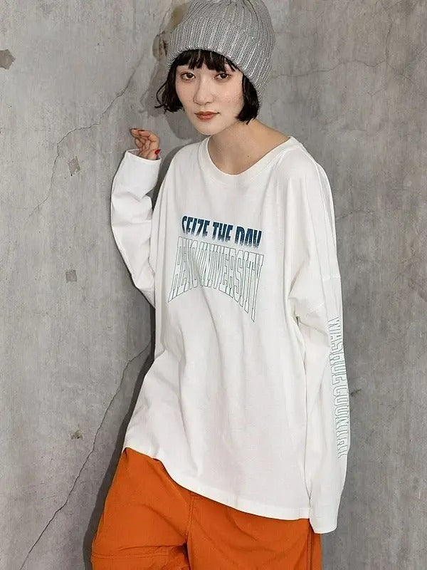 Letter print long sleeve loose T-shirt X3129