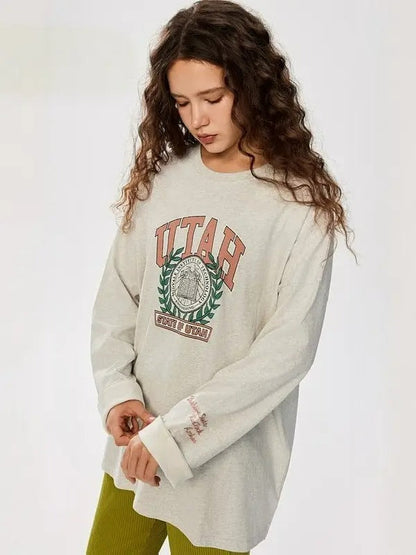 Letter print long sleeve loose T-shirt X3129