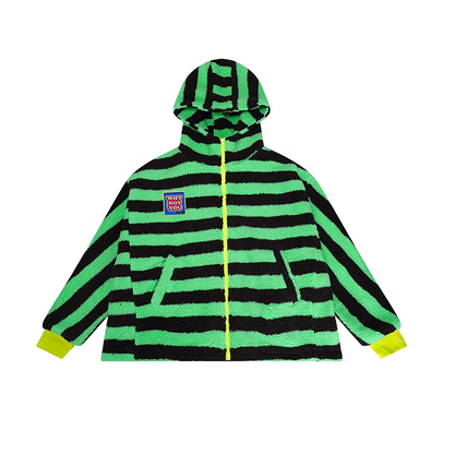 Striped Sherpa Fleece Colorblock Hoodie Jacket　X3408