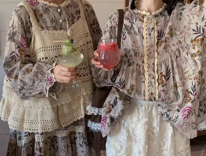 Vintage Mori Girl Style Floral Print Long Sleeve Top / Dress　X3365