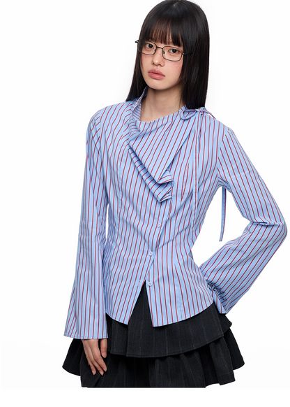 Blue Striped Long Sleeve Overlap Collar Shirt　X3333