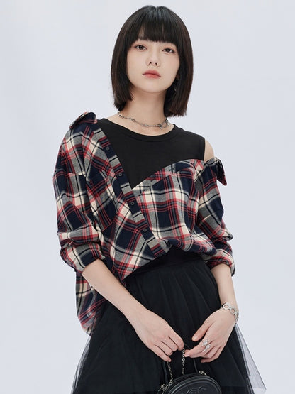 Fake two-piece check pattern shirt X2783