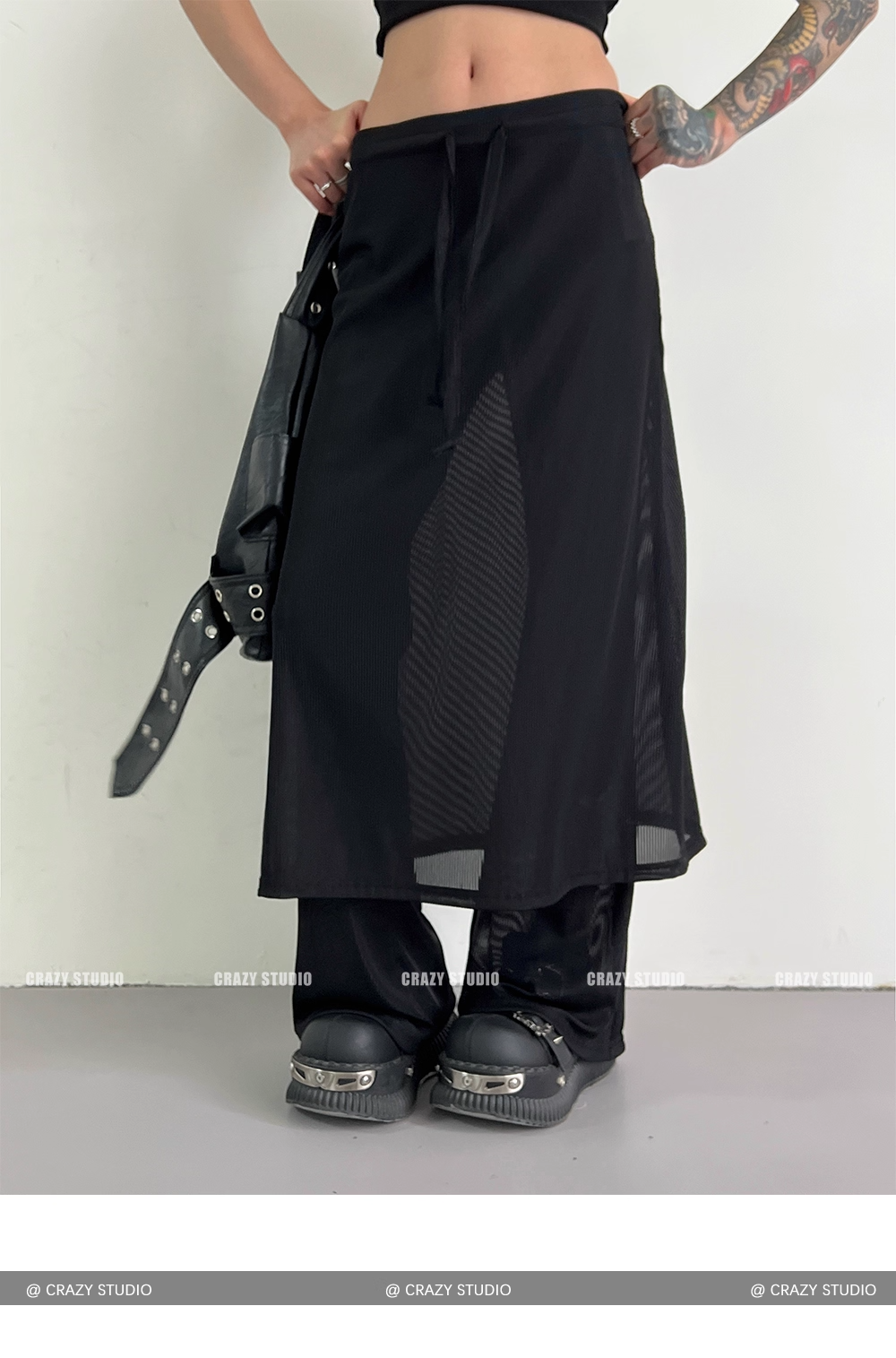 Layered Mesh Panel Drawstring Flared Skirt Pants　X3342