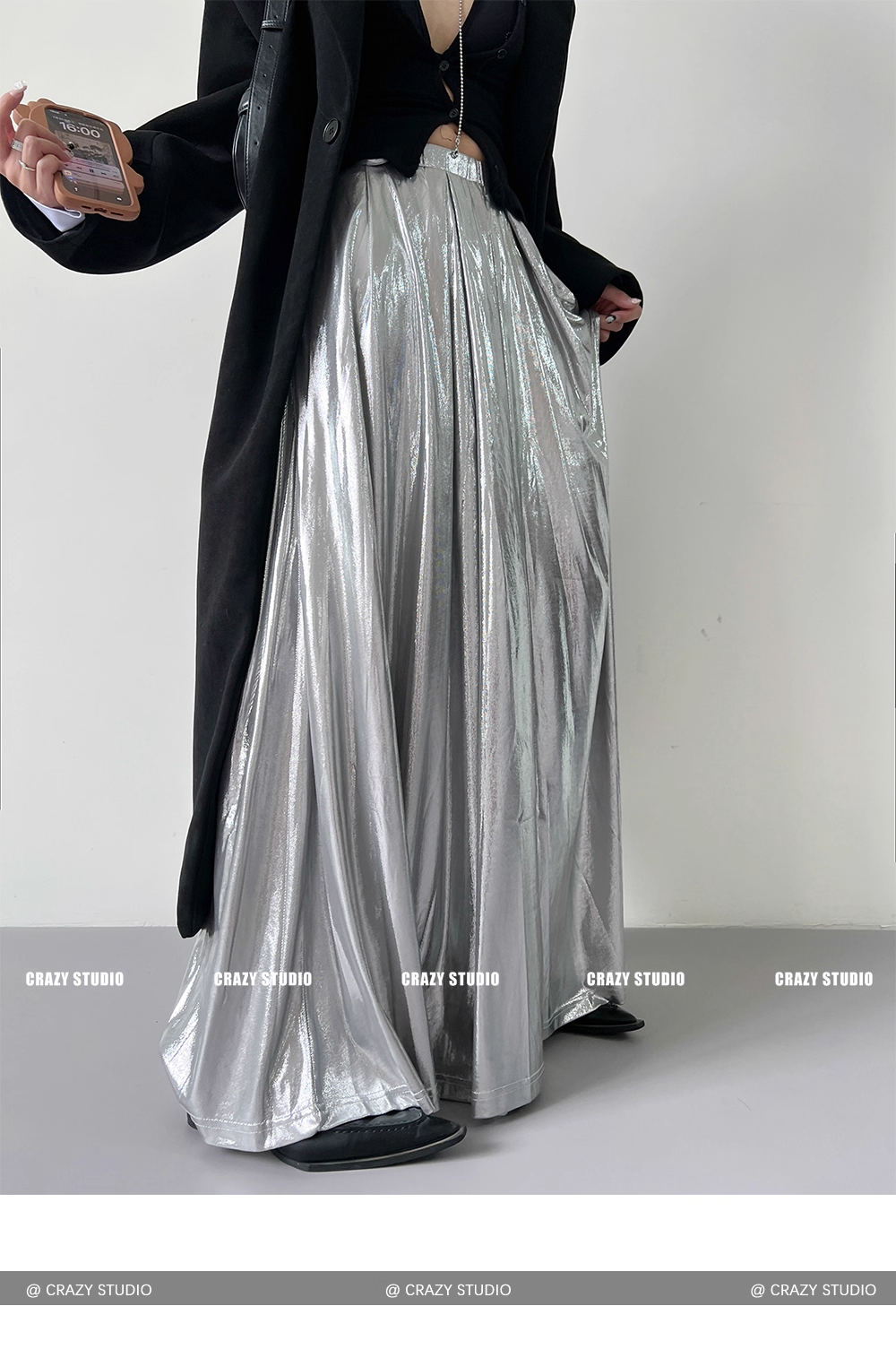 Liquid Silver Metallic A-Line Maxi Skirt　X3337