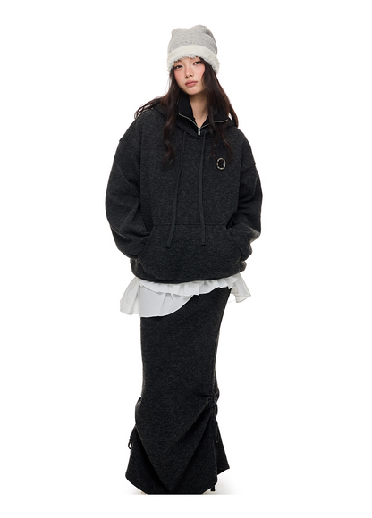 Layered-Look High-Neck Hoodie & Long Skirt 　X3484