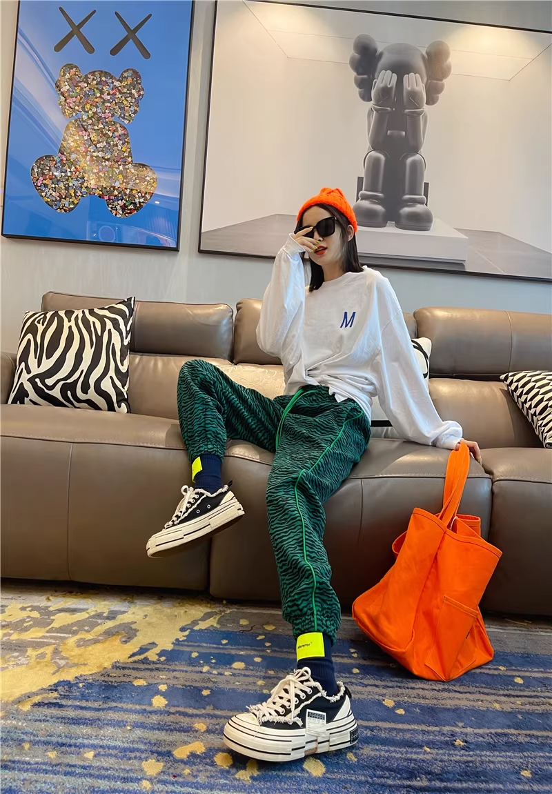 秋季豹紋高腰修身抽繩慢跑運動褲 X3501