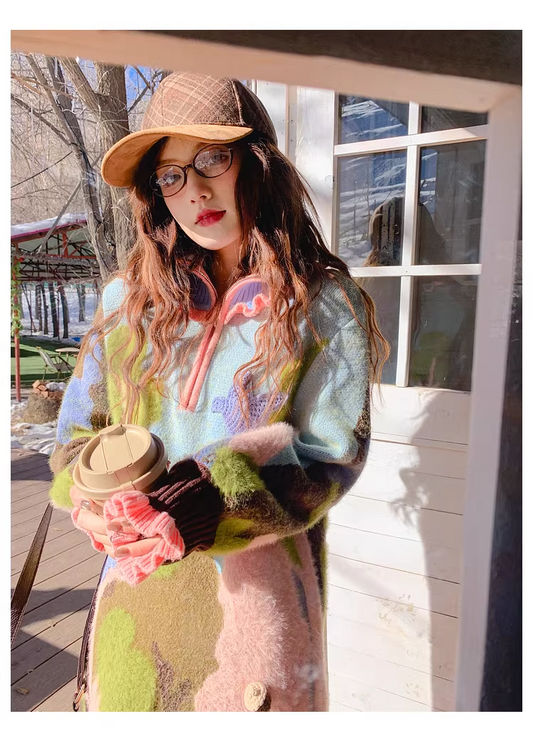 Half-Zip High-Neck Jacquard Knit Dress　X3500