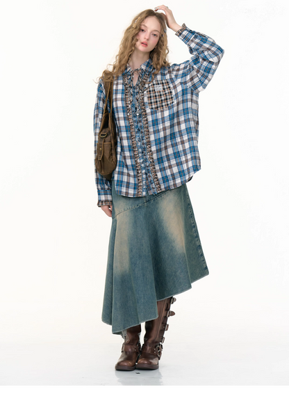 Vintage Check Frill Blouse　X3382