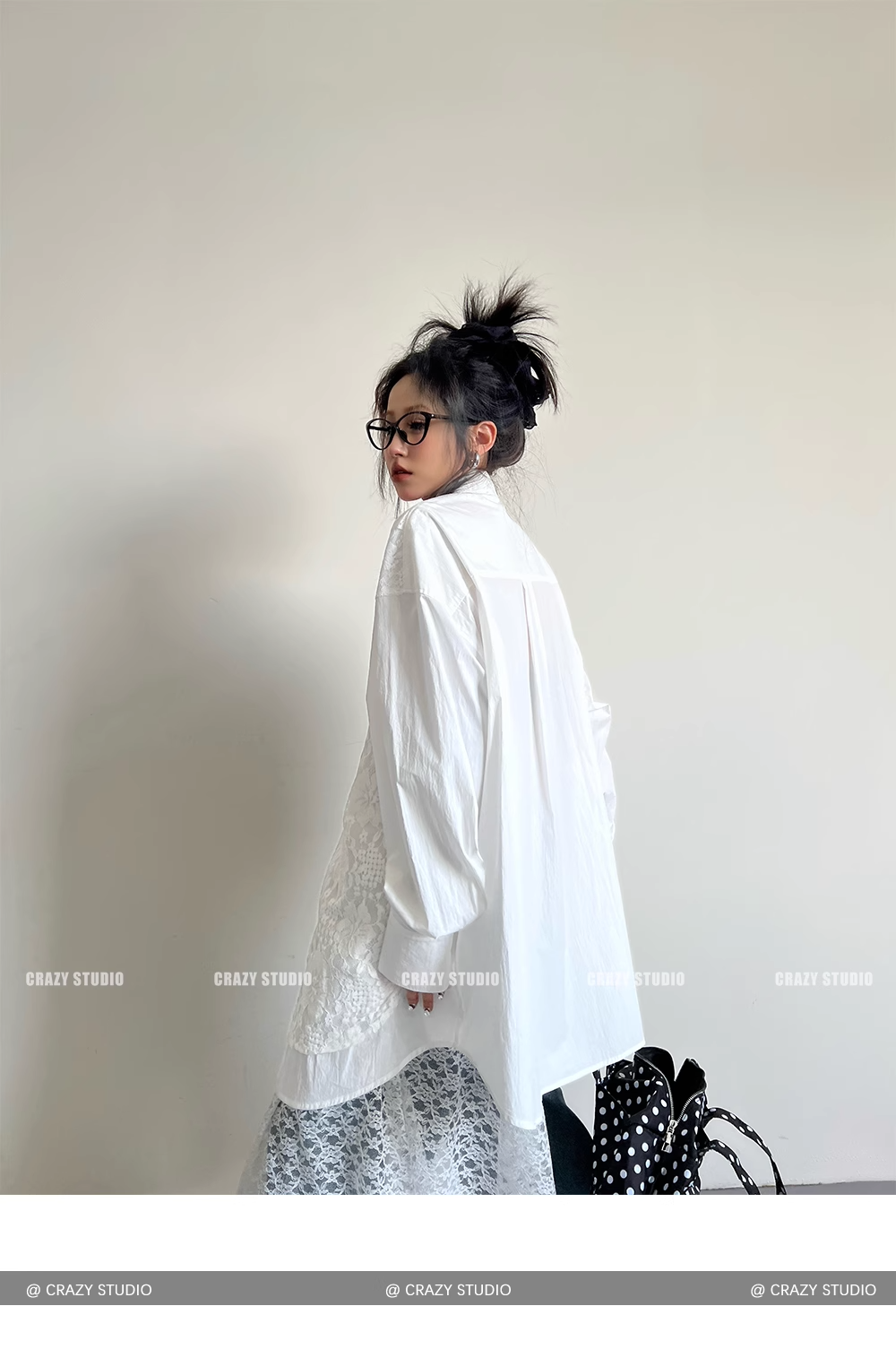 White Lace Panelled Layered-Style Long Sleeve Shirt　X3340