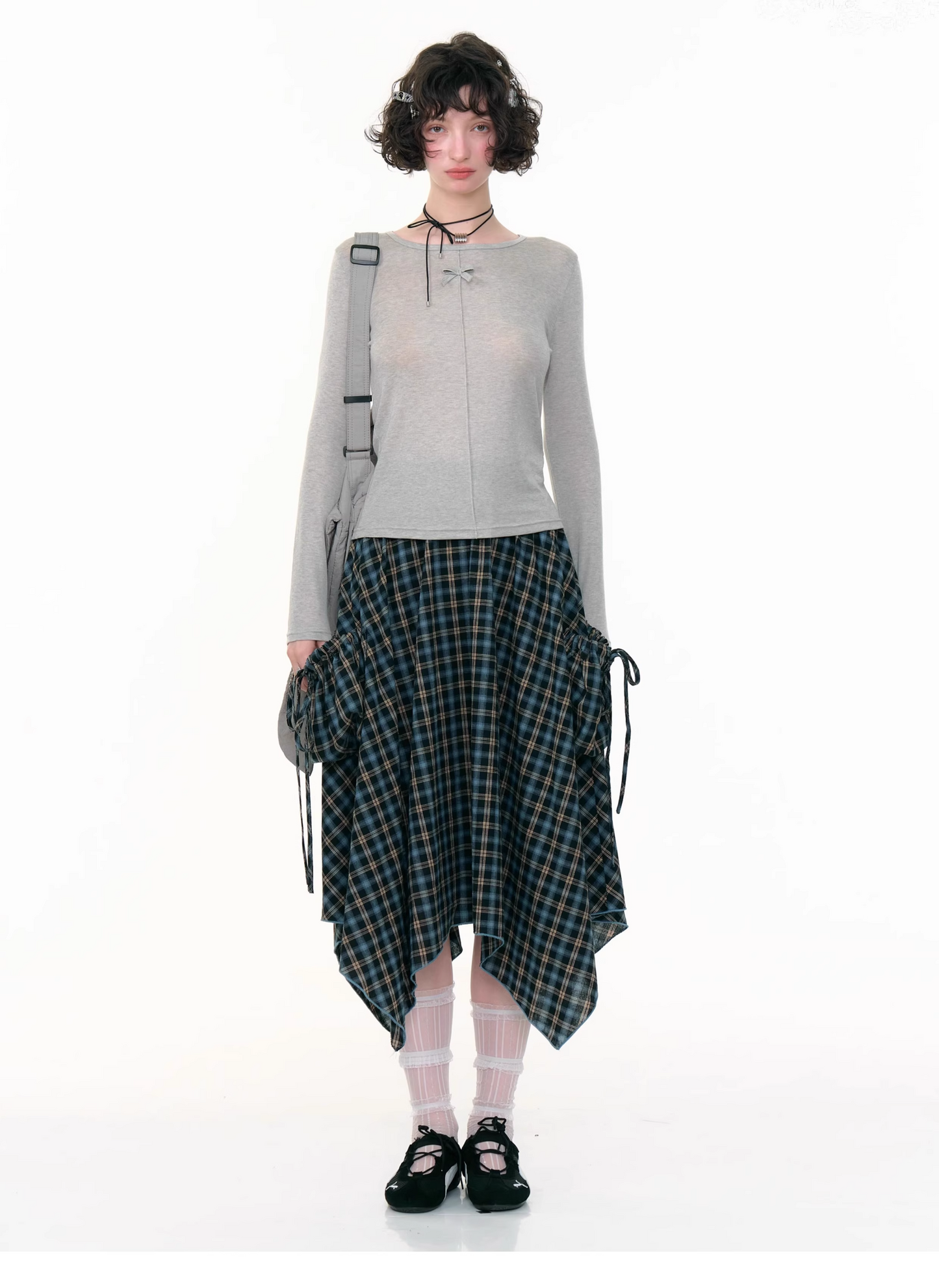 Blue Check High Waist Asymmetrical Skirt　X3384