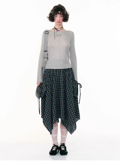 Blue Check High Waist Asymmetrical Skirt　X3384