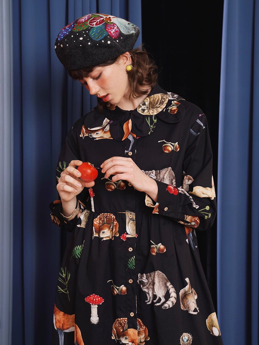 Vintage Animal Illustration Print Long Dress　X3348