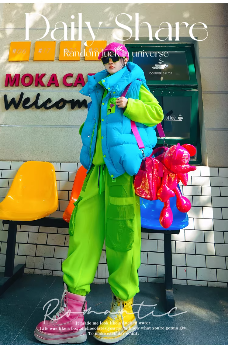 Neon Color Contrast-Zip High-Neck Fleece-Lined Sweatshirt　X3499