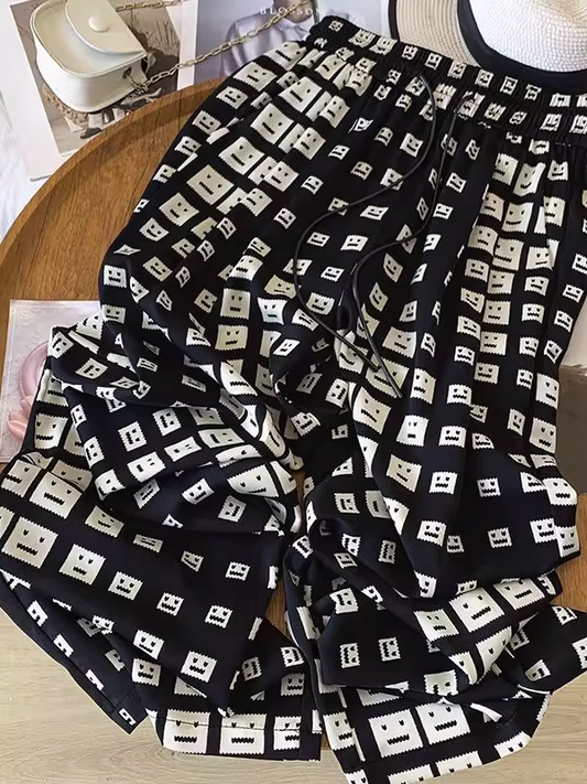 Plus Size Ice Silk Smile Print Wide Leg Pants X3321