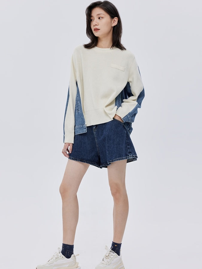 Bicolor denim knit sweater pullover X2782