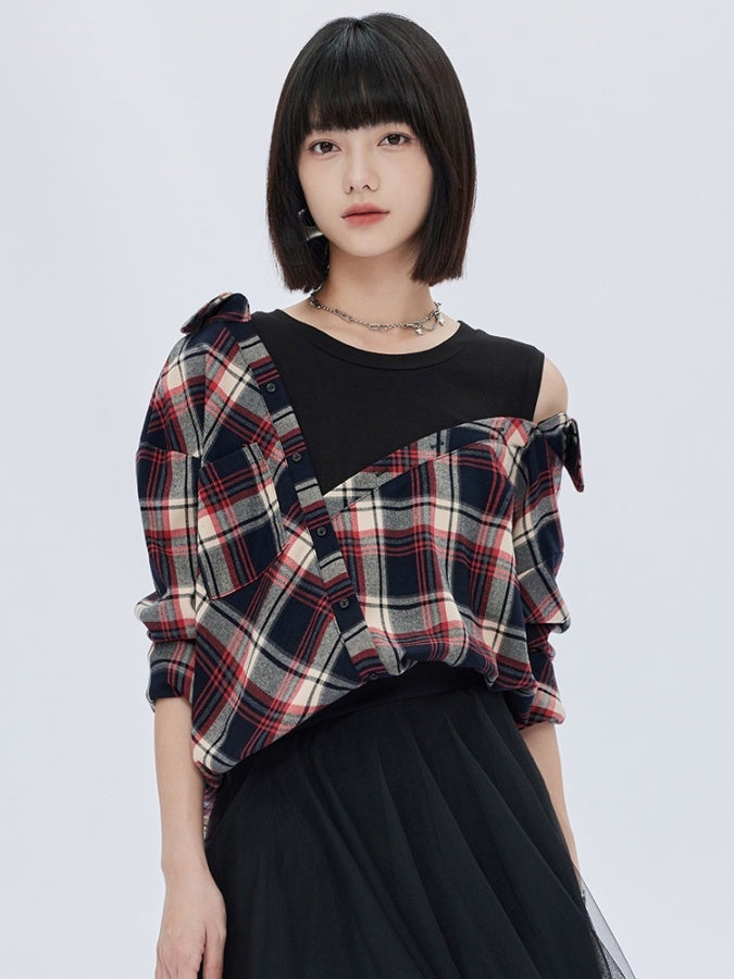 Fake two-piece check pattern shirt X2783