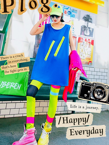 Blue Zip Colorblock Dress　X3413